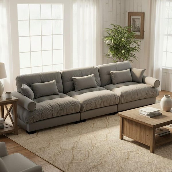 Homy Casa BREAD 130 in. Rolled Arm Velvet 3-Seater Rectangle Cloud Look Sofa with Bolster Armrests and Deep Seats in Charcoal Gray