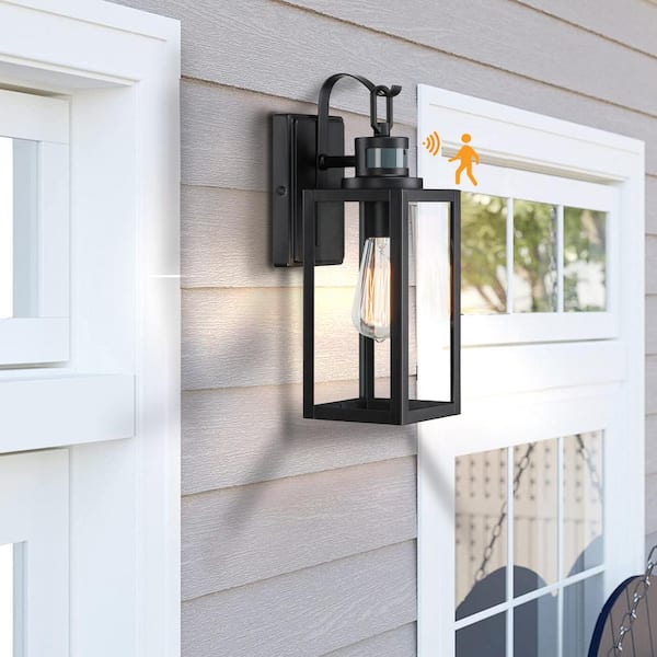 12.65 in. 1-Light Farmhouse Black Motion Sensing, Hardwired Outdoor Wall Light Lantern Sconce with No Bulb Included