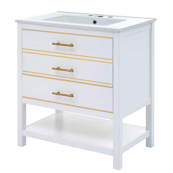 Aoibox 30 in. W Freestanding Single Sink Bath Vanity in White with White Ceramic Top, Open Storage, Two Drawer