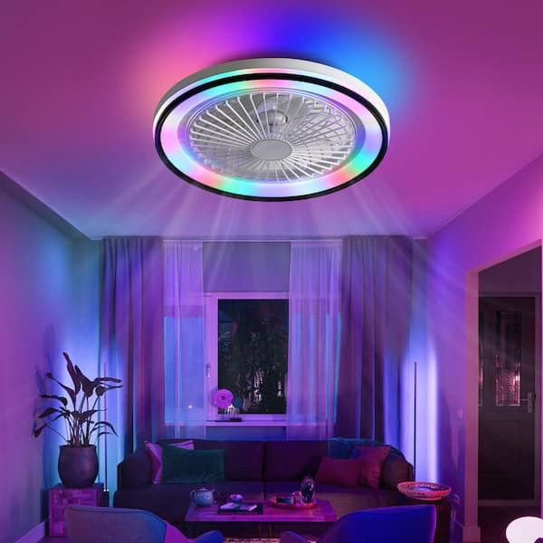 19 in. RGB Dimmable Led Enclosed Ceiling Fan with Light Flush Mount Bladeless 6 Speed Remote Control, White