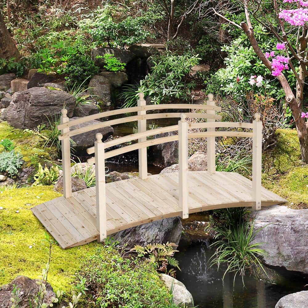 Natural Fir Wood Garden Bridge with Side Railings, 89.75"