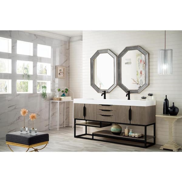 James Martin Vanities Columbia 72.5 in. W x 19 in. D x 36 in. H Double Bath Vanity in Ash Gray with Glossy White Composite Top