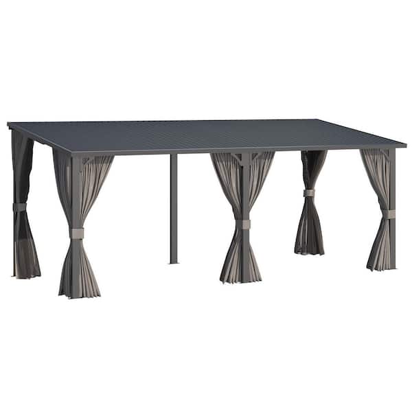 20 ft. x 8 ft. Metal Outdoor Lean to Wall-Mounted Hardtop Gazebo Pergola with Curtains and Netting