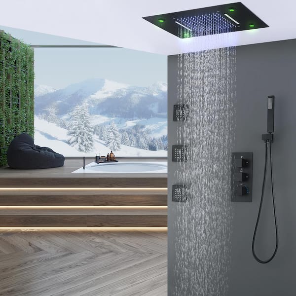 4-Spray Dual Ceiling Mount Rectangle LED Rain Shower Head Fixed and Handheld Shower Head 1.8 GPM in Black with 3-Jets