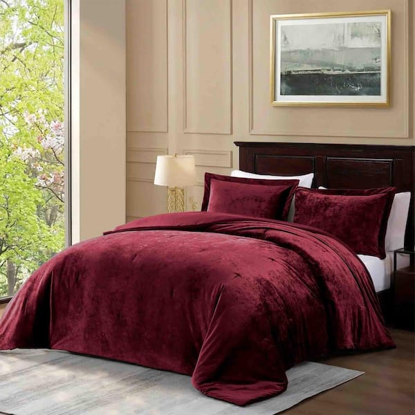 All Season 3 Pieces King Size Comforter Set Maroon Burgundy Crushed Velvet Bedding Set