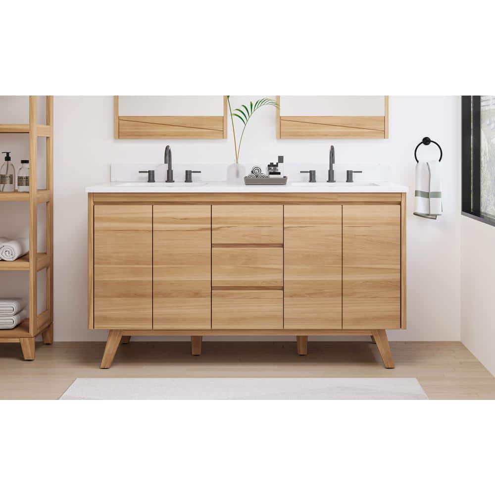 Coventry 61" Natural Teak Double Sink Vanity with Cala White Top