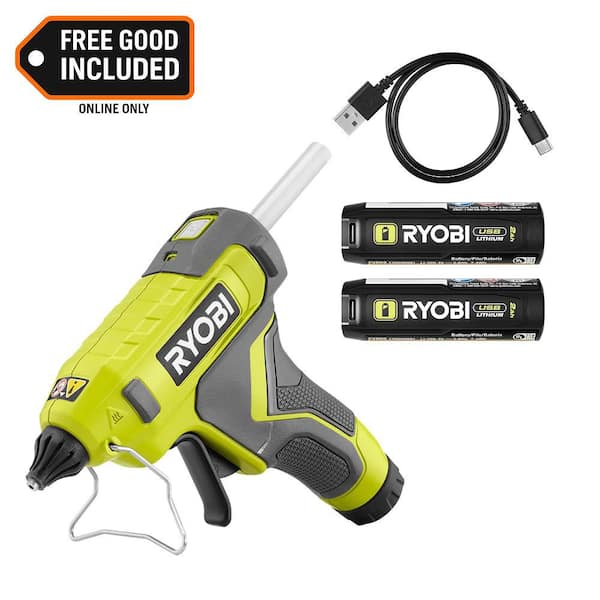 USB Lithium Cordless Glue Gun Kit with 2Ah Battery, Charging Cable, Glue Sticks (3-Piece), and Extra 2Ah Battery