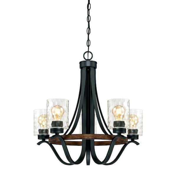 Westinghouse Barnwell 5-Light Textured Iron and Barnwood Chandelier with Clear Hammered Glass Shades