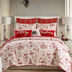 Yuletide 3-Piece Red, Cream Christmas Toile/Plaid Cotton King/Cal King Quilt Set