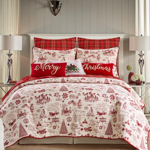 LEVTEX HOME Yuletide 3-Piece Red, Cream Christmas Toile/Plaid Cotton King/Cal King Quilt Set