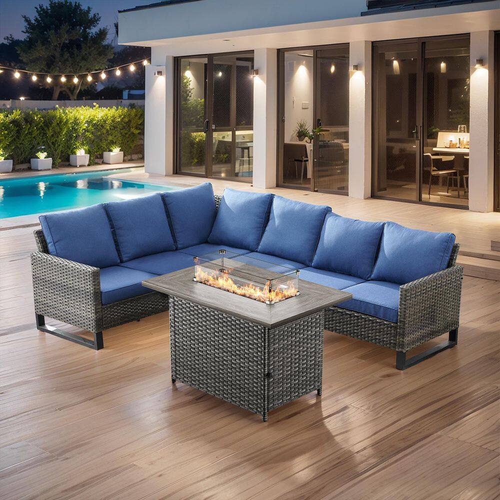4-Piece Gray Wicker Fire Pit Conversation Set with Olefin Blue Cushions and Sectionsal Sofa/Fire Table with Windguard price history on PriceWatchPro