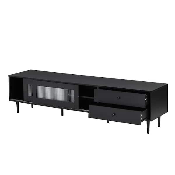 Unbranded 70.8 in. W x 15.7 in. D x 17.7 in. H Black TV Stand Linen Cabinet with Sliding Fluted Glass Doors