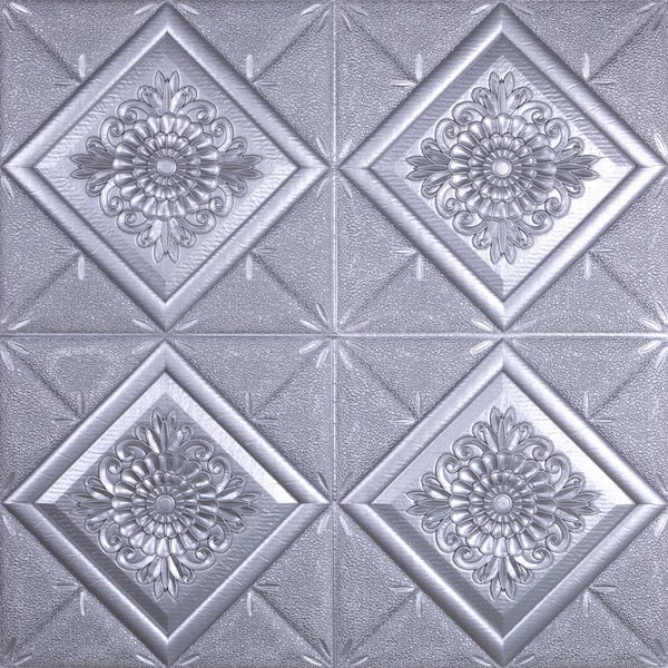 Dundee Deco Falkirk Jura II 28 in. x 28 in. Peel & Stick Dark Silver Flowers in Diamonds PE Foam Decorative Wall Paneling (10-Pack)