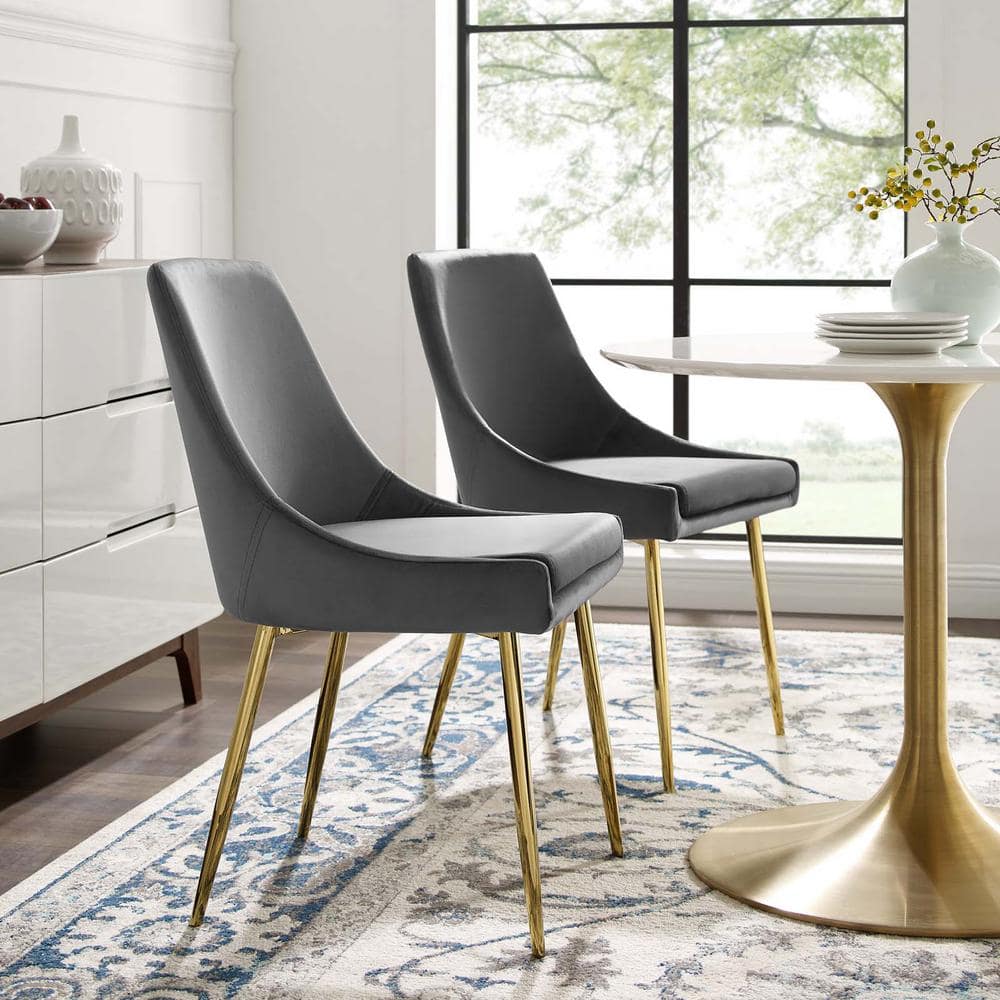 Charcoal Velvet Upholstered Side Chair with Gold Metal Legs