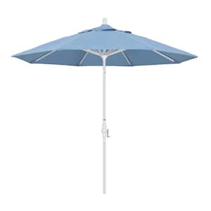 9 ft. White Aluminum Pole Market Aluminum Ribs Collar Tilt Crank Lift Patio Umbrella in Air Blue Sunbrella