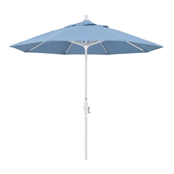 California Umbrella 9 ft. White Aluminum Pole Market Aluminum Ribs Collar Tilt Crank Lift Patio Umbrella in Air Blue Sunbrella