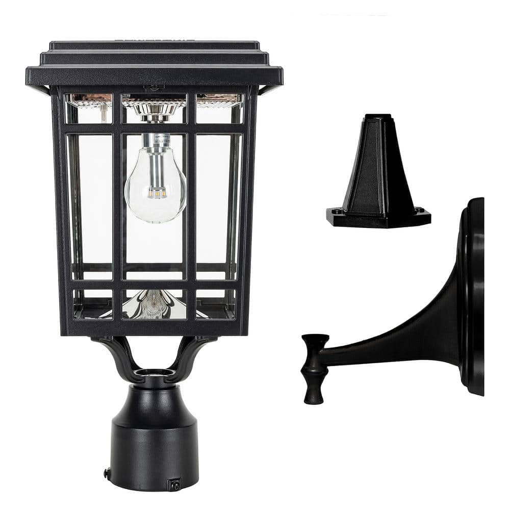 Grand Prairie Black Solar LED Lamp Post with Glass Panels