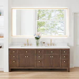 Cerrito 84 in. Double Sink Freestanding Brown Oak Bath Vanity with Grain White Engineered Stone Top Assembled and Mirror