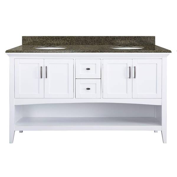 Home Decorators Collection Brattleby 61 in. W x 22 in. D Vanity in White with Granite Vanity Top in Quadro with White Basins