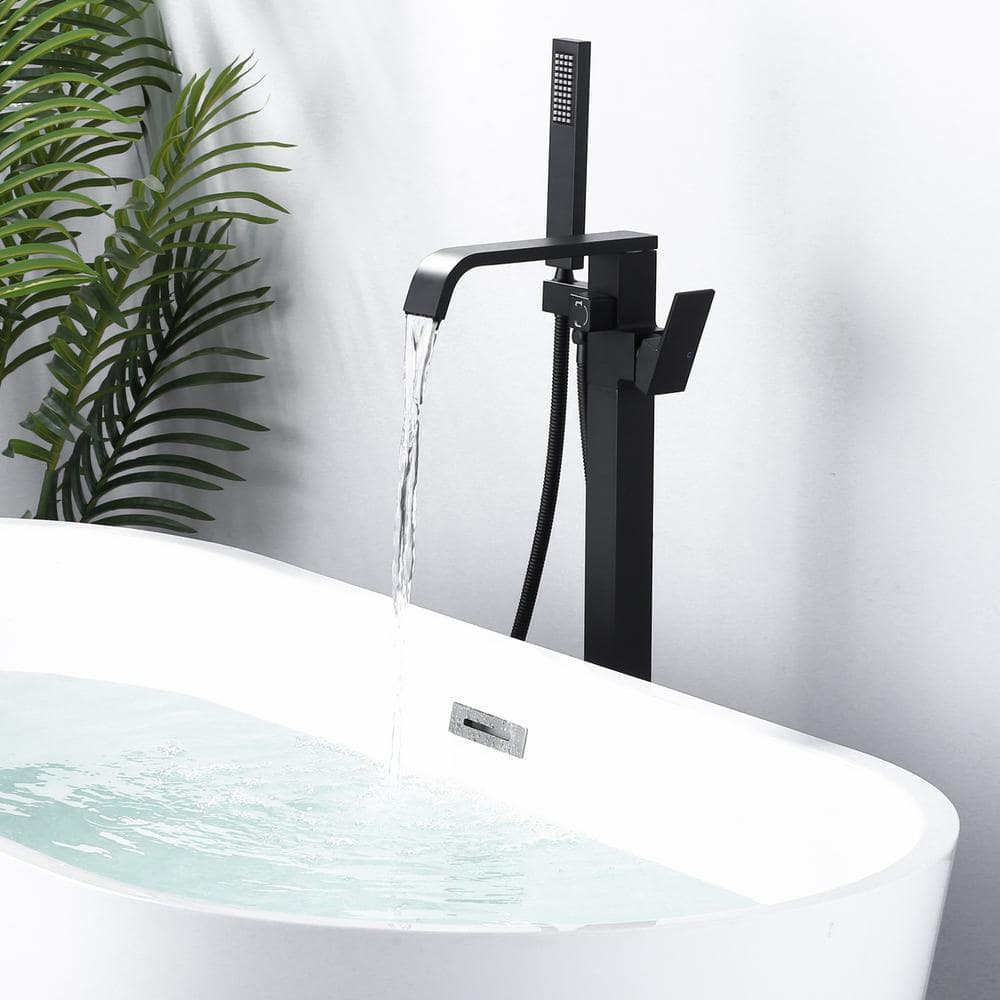 Matte Black Freestanding Waterfall Tub Faucet with Hand Shower