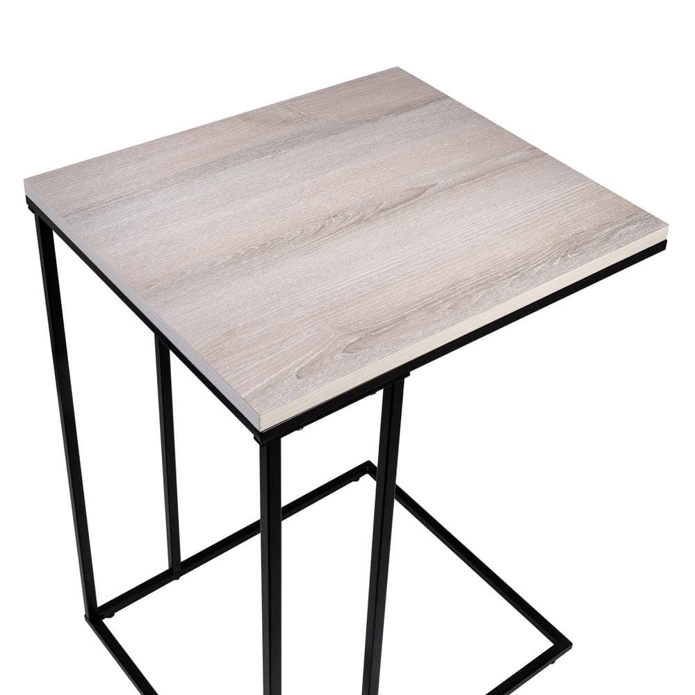 Natural Wood Grain and Matte Black Metal Square C-Shape End Table