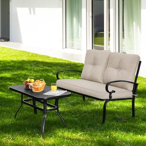 2-Pieces Metal Outdoor Patio Conversation Set Loveseat with Coffee Table and Beige Cushions
