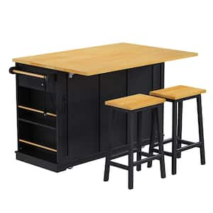 Black MDF Wood 53.14 in. Kitchen Island with 2 Bar Stools