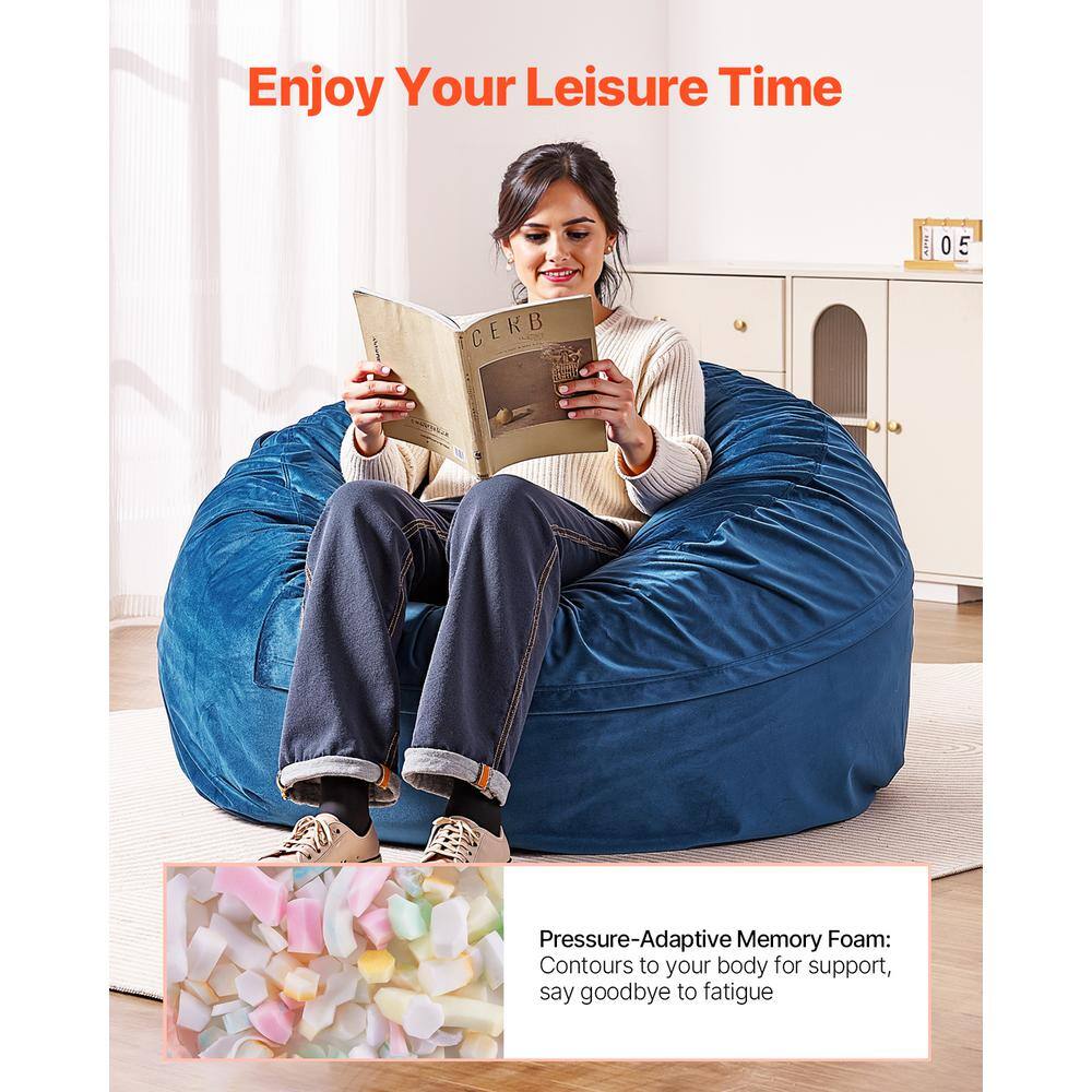 Blue Velvet Foam-Filled Armless Bean Bag Chair with Removable Cover