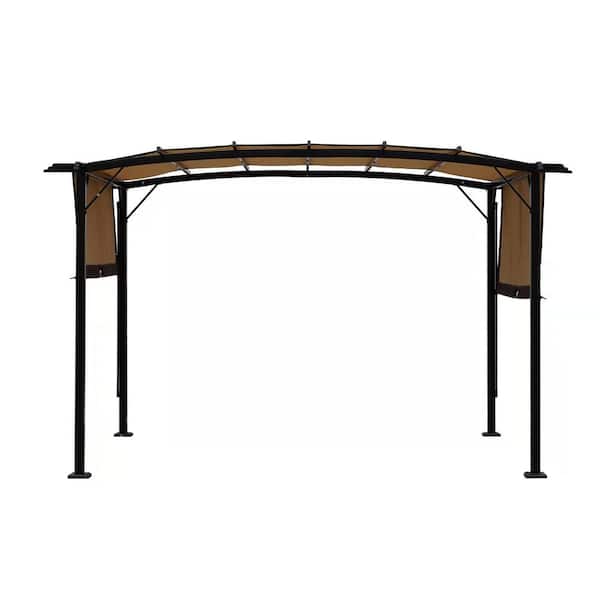 Unbranded 12 ft. x 9 ft. x 7.5 ft. Black Steel Outdoor Pergola Gazebos with Retractable Shade Beige Canopy