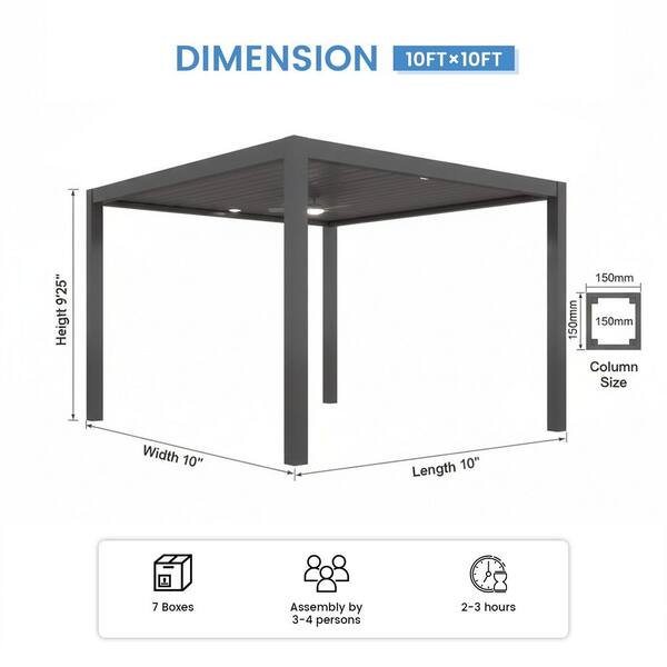 10 ft. x 10 ft. Dark Gray Aluminum Patio Pergola with Built-In Solar Panel, Ceiling Fan and Round LED Light