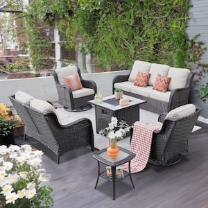 Pluto Brown 6-Piece Wicker Patio Fire Pit Set with Beige Cushions and Swivel Rocking Chairs