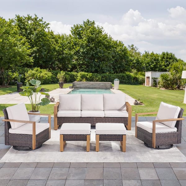 MetalWood 5-Piece Brown Wicker Patio Conversation Set with Swivel Gliders and 4.5 in. Olefin Beige Cushions