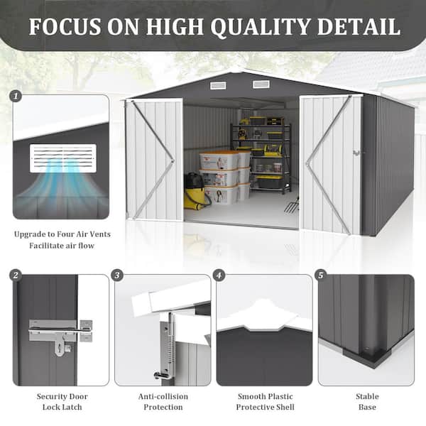 10 ft. x 14 ft. Outdoor Metal Storage Shed with 3 Lockable Doors, 4 Vents and Galvanized Steel Frame Gray (140 Sq. ft. )