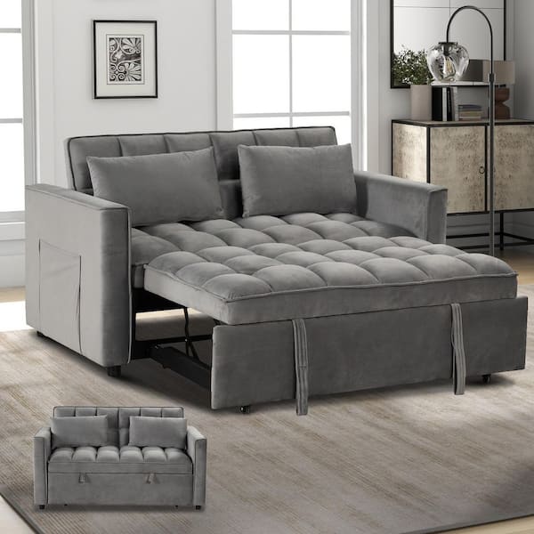 Bestier Loveseat 55.25 in. Grey Velvet Twin Size Sleep Sofa Bed With Adjustable Backrest and 2-Pillows