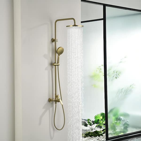 Modern Multifunction 3-Spray Round Wall Bar Shower Kit with Fixed Shower, Hand Shower Dual Shower Head in Brushed Gold