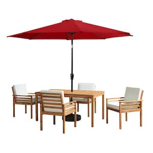 Okemo 6-Piece Okemo Wood Outdoor Dining Table Set with 4 Chairs and Cushions, 10 ft. Auto Tilt Umbrella Red
