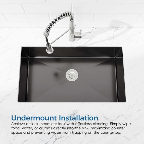 33 in. x 19 in. Black Stainless Steel Single Bowl Undermount Kitchen Sink with US Standard Drain and Hooks