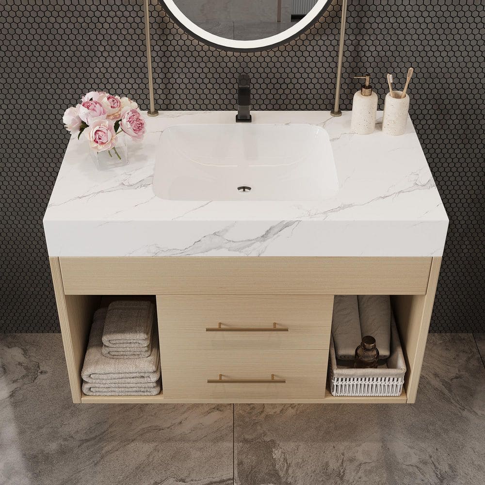 30 in. Floating Wood Bath Vanity with White Sintered Stone Top price history on PriceWatchPro