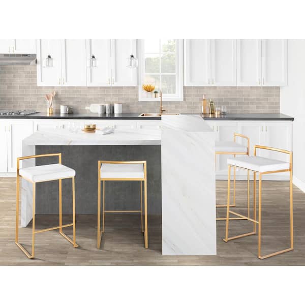 LumiSource Fuji 30.75 in. White Velvet and Gold Metal Stackable Bar Stool (Set of 3)
