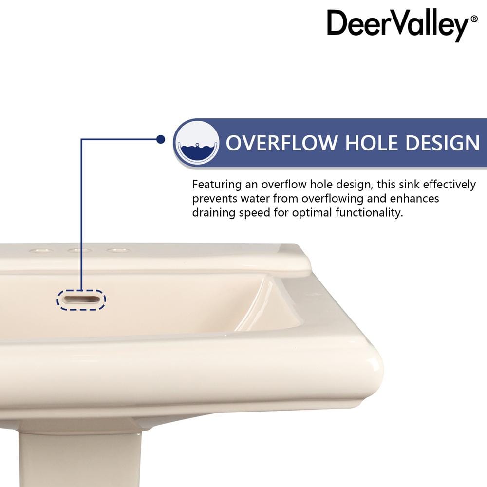 Bone Ceramic Rectangular Pedestal Bathroom Sink with Triple Faucet Holes