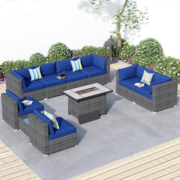 HOOOWOOO Messi Grey 10-Piece Wicker Outdoor Patio Fire Pit Conversation Sofa Sectional Set with Navy Blue Cushions