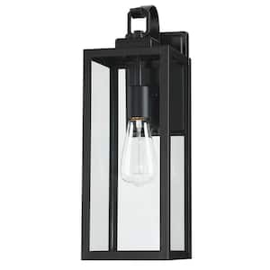 1-Light Matte Black Hardwired Outdoor Wall Lantern Sconce with Seeded Glass
