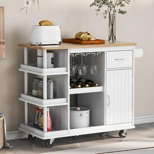 Oasis White Wood 41 in. Kitchen Island with Side Storage Shelves, Rubber Wood Top, Adjustable Storage Shelves