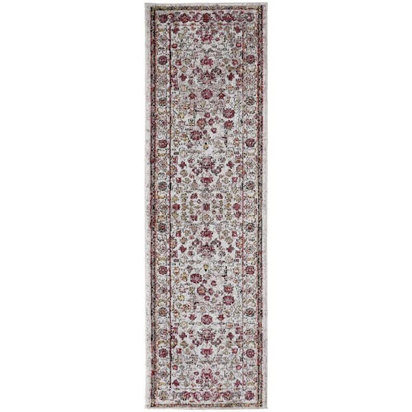 2 ft. x 8 ft. Pink, Ivory Floral Runner Rug