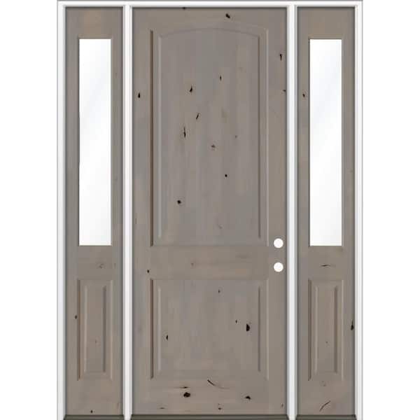 Krosswood Doors 64 in. x 96 in. Knotty Alder 2-Panel Arch Left-H /Inswing Clear Glass Weathered Gray Stain Wood Prehung Front Door DHSL