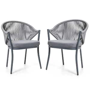 Stationary Aluminum and Woven Rope Outdoor Arm Dining Chair with Removable Grey Cushions (2-Pack)