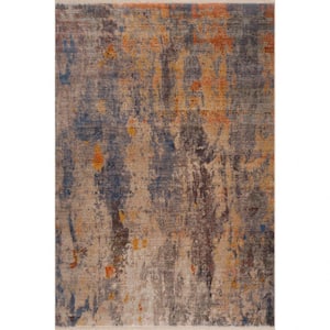 4' X 6' Gray Beige Blue And Yellow Abstract Power Loom Distressed Stain Resistant Area Rug
