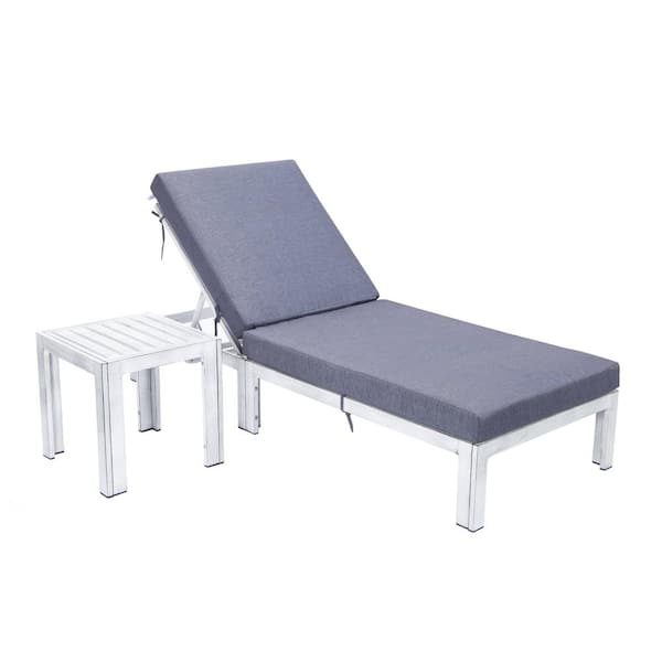Leisuremod Chelsea Modern Weathered Grey Aluminum Outdoor Patio Chaise Lounge Chair with Side Table and Blue Cushions