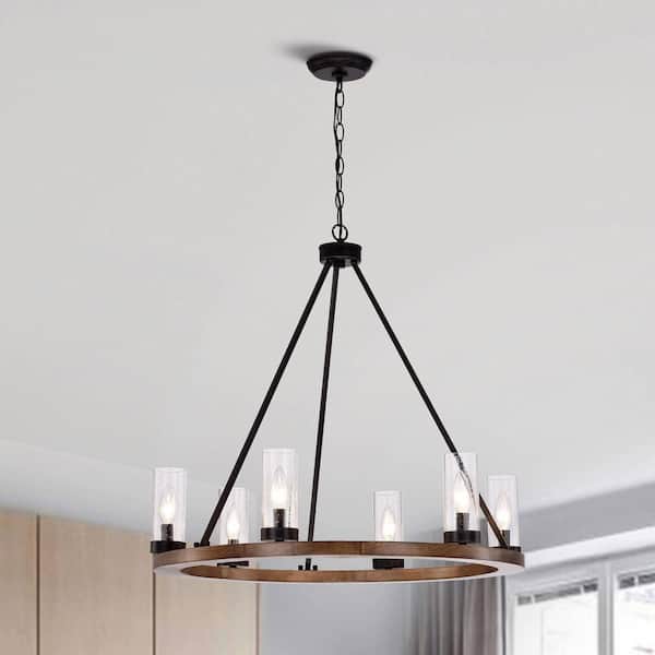 Jojospring Vera 27 in Dia 6-Light s Natural Wood and Antique Black Metal Bubble Glass Chandelier