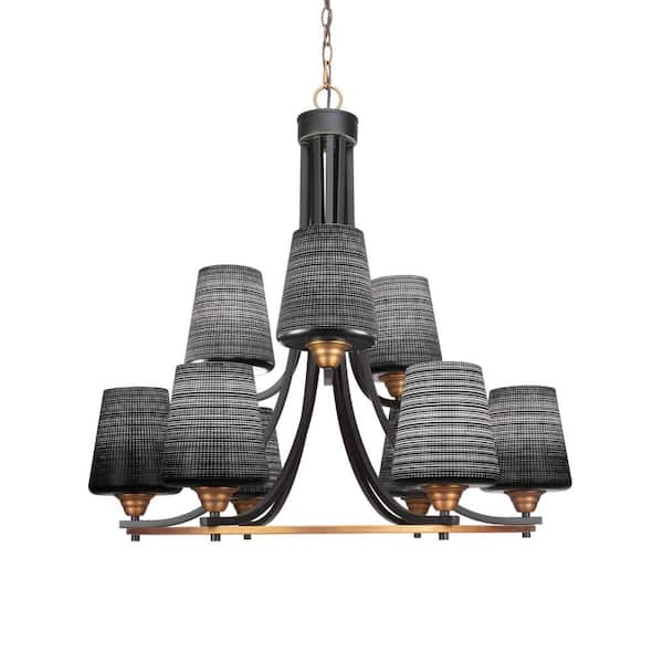 Unbranded Madison 9-Light Matte Black and Brass Round Chandelier with 6 in. Black Matrix Glass Shades, No bulbs included